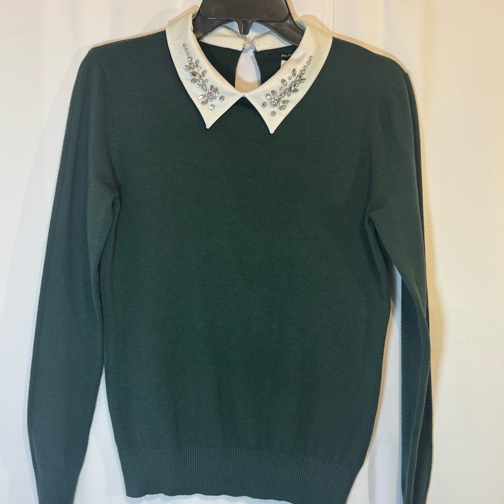 Essentials by Milano Green Sweater Embellished Rhinestone Collar Layered Look M